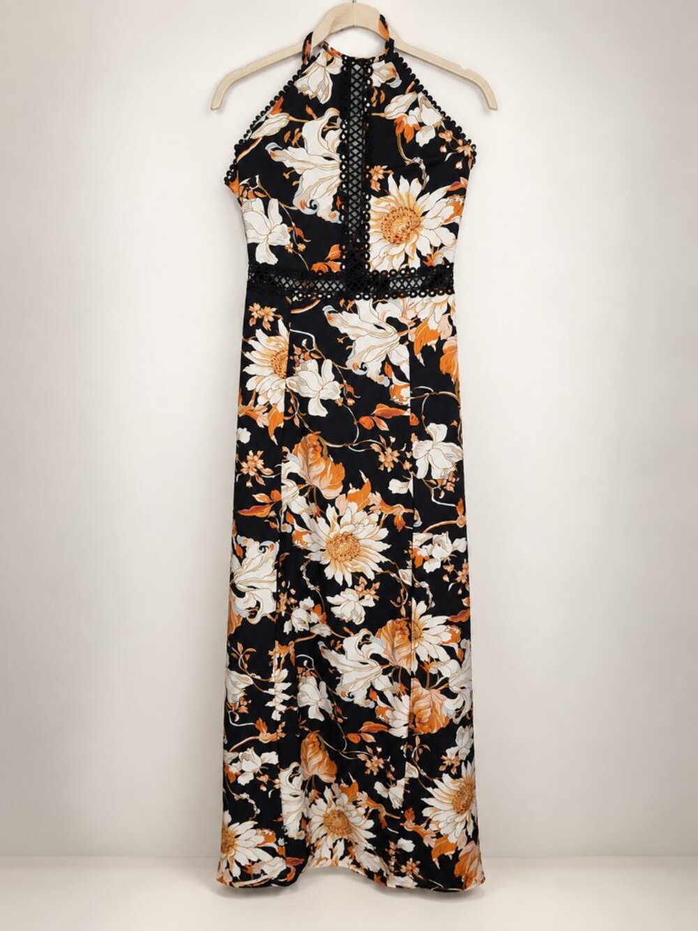 Fall Floral Crochet Trim Maxi Dress Halter Neck Black Orange Bohemian Romantic